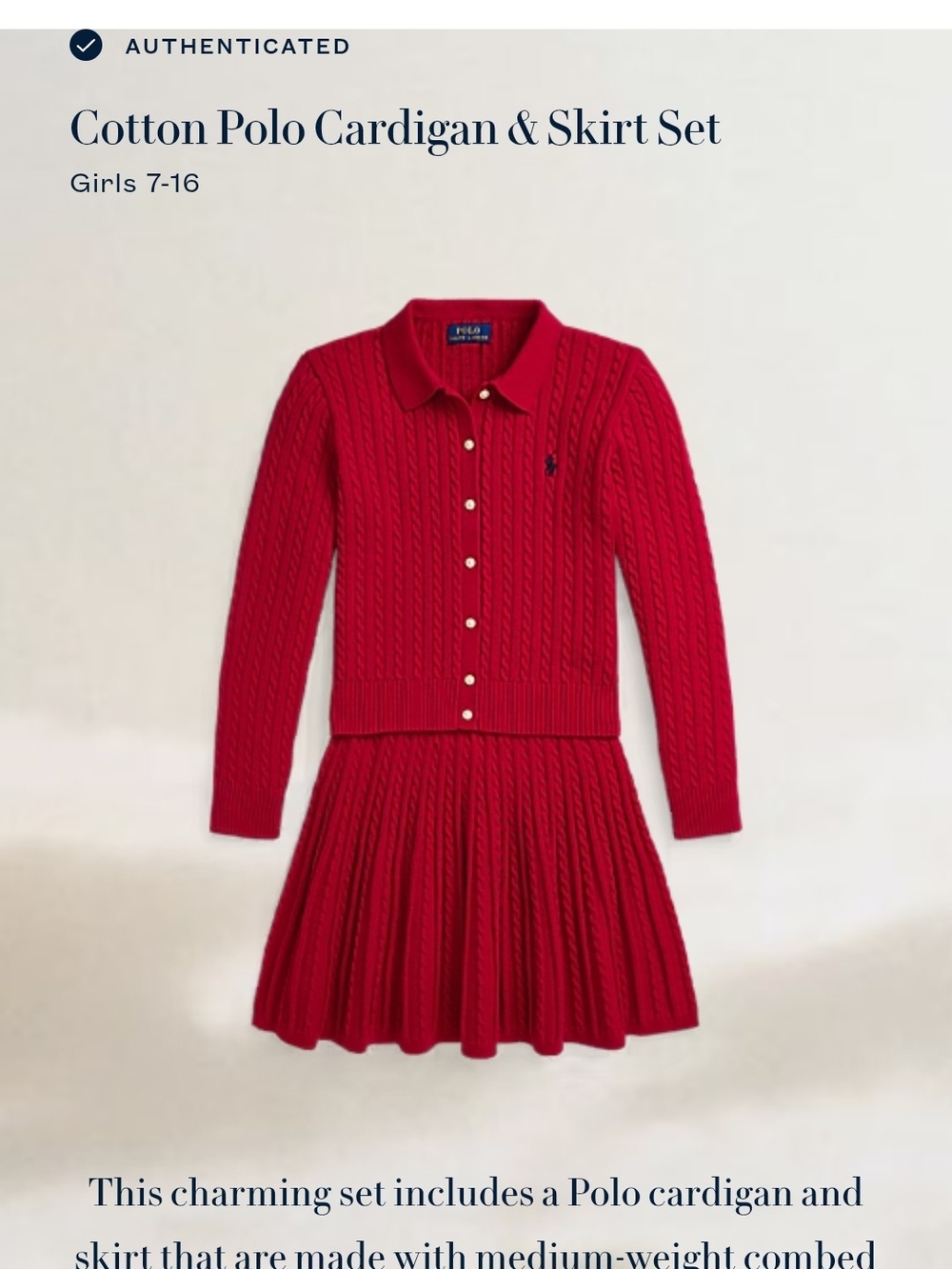 Polo by Ralph Lauren Girls' Red Cotton Polo Cardigan & Skirt SET Size 8/10